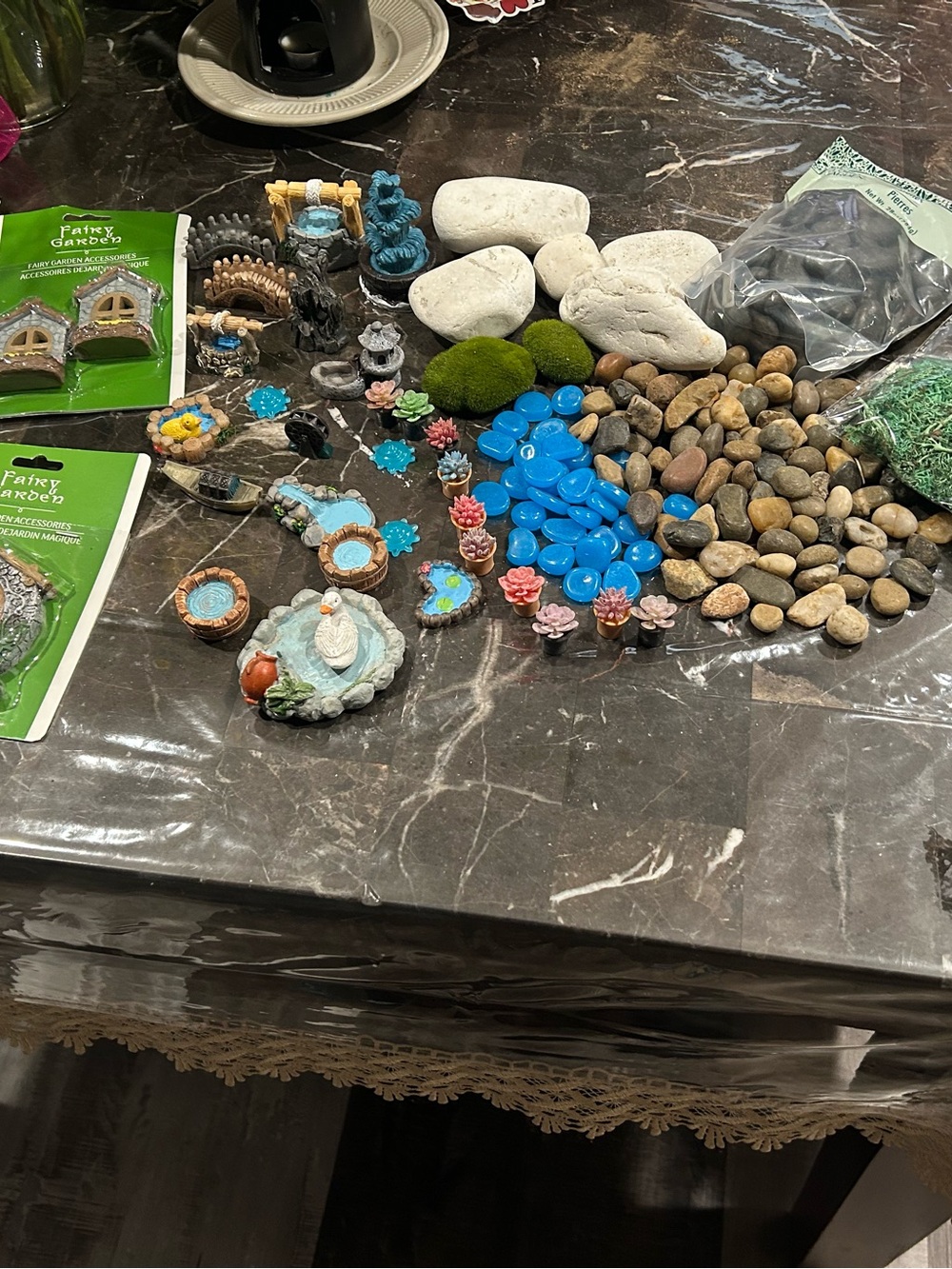 Fairy Garden Accessory Lot with Blue Glass Pebbles and Miniature Fountains - Picture 3 of 4